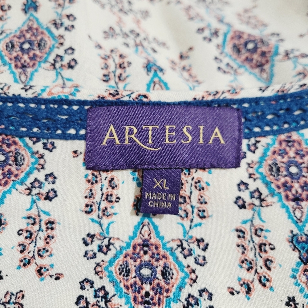 Artesia Floral Boho Blouse Tunic V-neck 3/4 Sleeve With Tassels Woman's Size XL - Picture 11 of 13